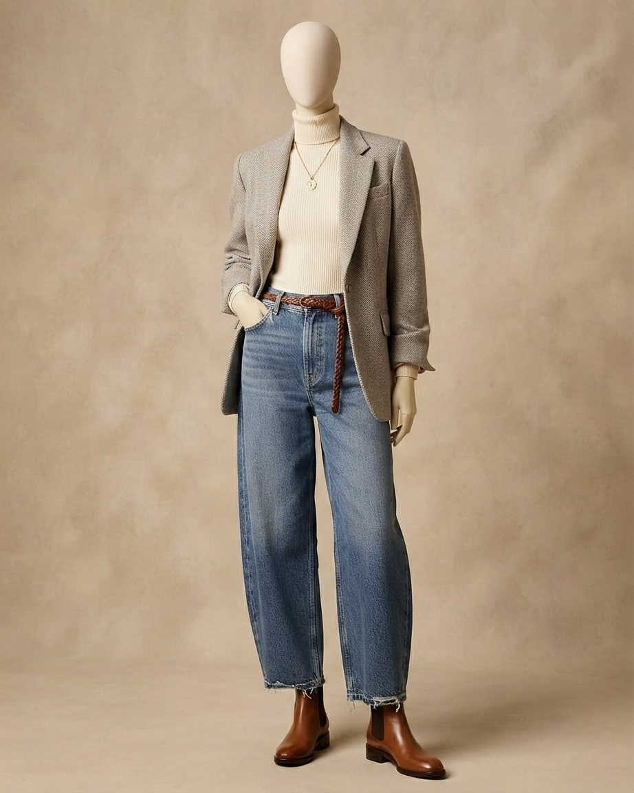 Herringbone blazer, cream roll neck and barrel-leg denim