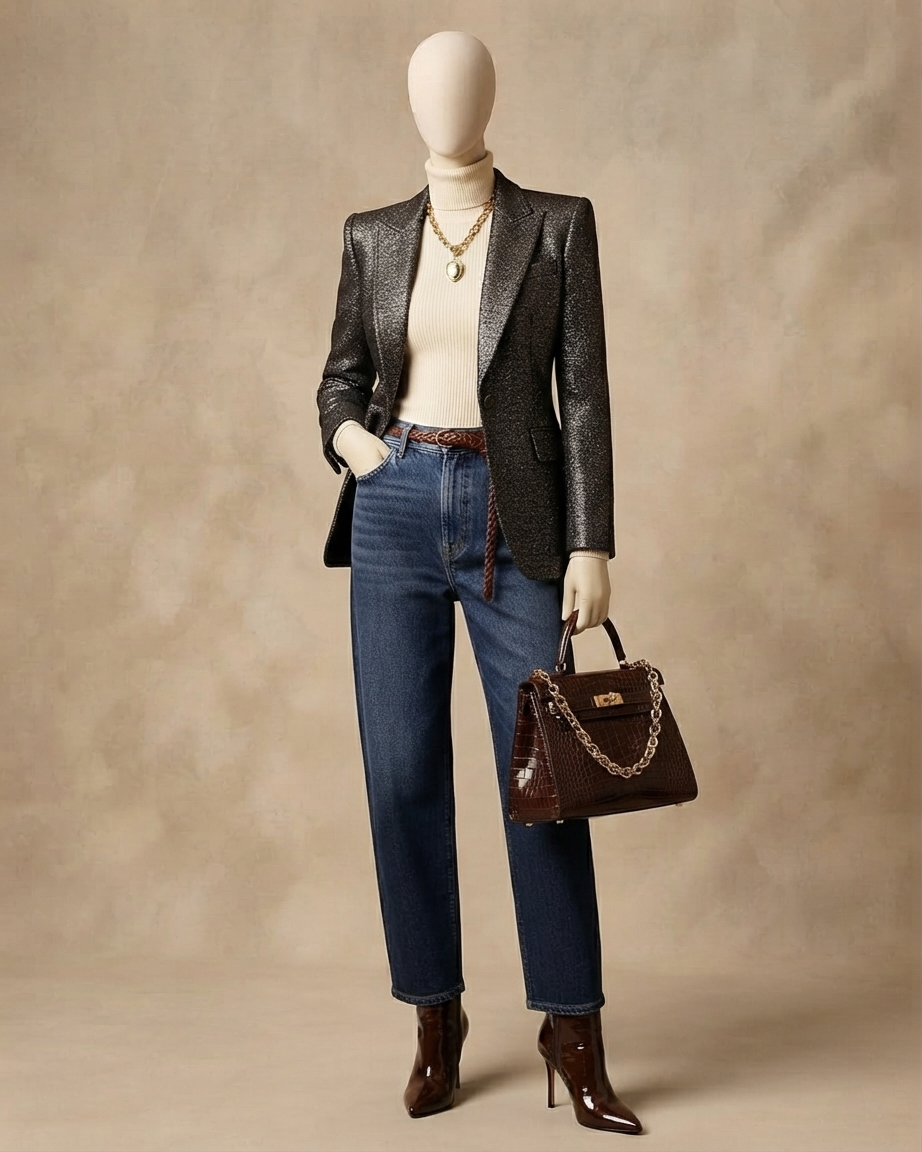 Metallic blazer styled with denim, leather belt and a chocolate croc bag