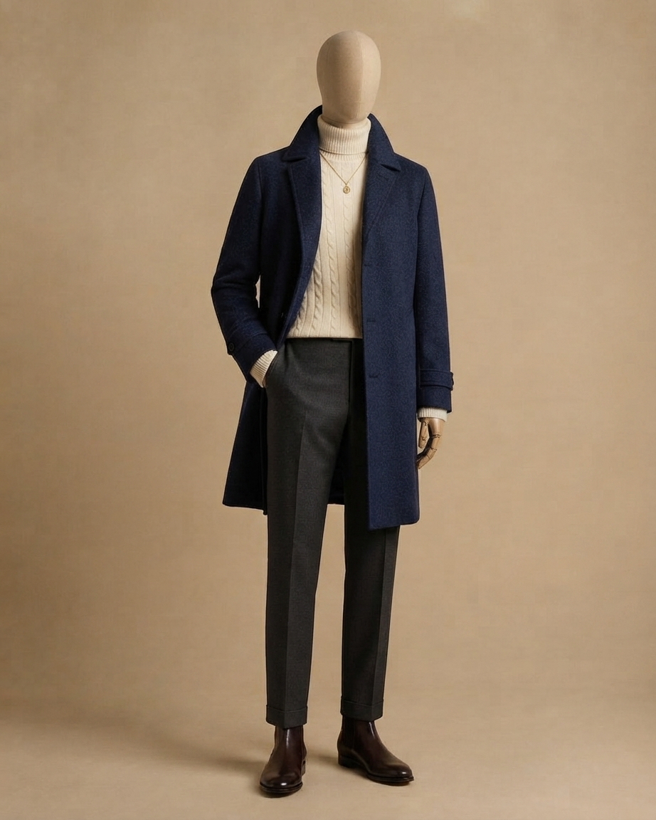 Navy wool overcoat over a cream cable knit