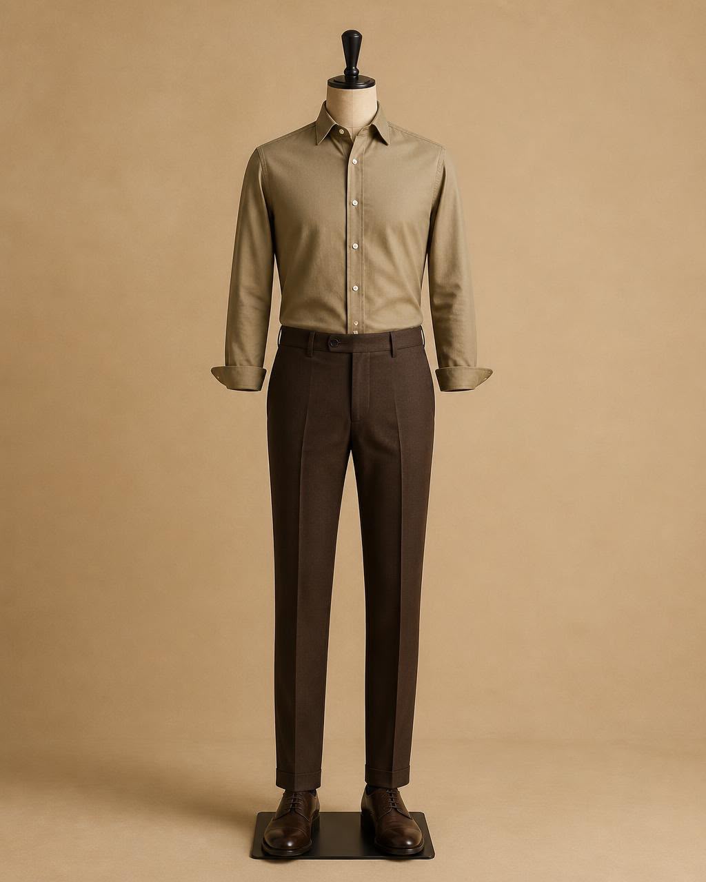 Olive cotton shirt with chocolate flannel trousers